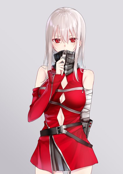 Anime-Bild 1062x1505 mit original piripun single long hair tall image looking at viewer blush fringe breasts simple background hair between eyes red eyes standing bare shoulders white hair grey background cleavage cutout covered mouth girl dress