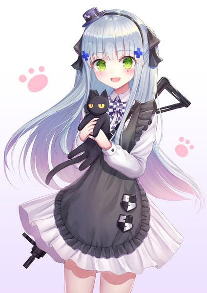Anime picture 999x1413 with girls frontline hk416 (girls frontline) seungju lee single long hair tall image looking at viewer blush open mouth simple background holding green eyes silver hair :d gradient background official alternate costume girl weapon hat animal