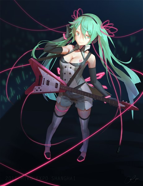 Anime picture 800x1041 with vocaloid 2d dream fever (vocaloid) hatsune miku cancer (zjcconan) single long hair tall image looking at viewer breasts light erotic smile standing twintails bare shoulders holding aqua eyes from above aqua hair tattoo hand on headphones