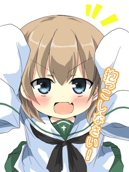 Anime picture 600x800 with girls und panzer katyusha (girls und panzer) oshiruko (uminekotei) single tall image looking at viewer blush fringe short hair open mouth blue eyes simple background blonde hair hair between eyes standing white background payot long sleeves :d from above