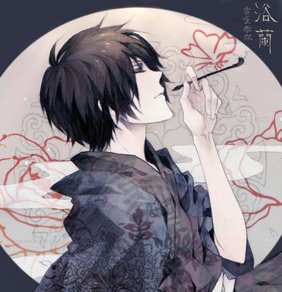 Anime picture 1227x1266 with katekyou hitman reborn hibari kyouya torinmo single tall image short hair brown hair ahoge eyes closed traditional clothes japanese clothes profile hieroglyph smoke smoking boy insect butterfly hand pipe
