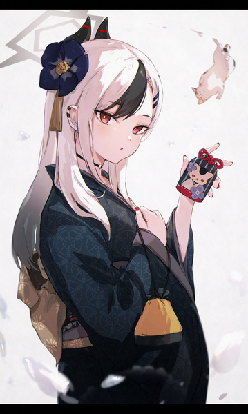 Anime picture 1159x1939 with blue archive kayoko (blue archive) kayoko (new year) (blue archive) yoyopipa single long hair tall image red eyes upper body white hair nail polish traditional clothes japanese clothes multicolored hair horn (horns) streaked hair piercing official alternate costume ear piercing letterboxed