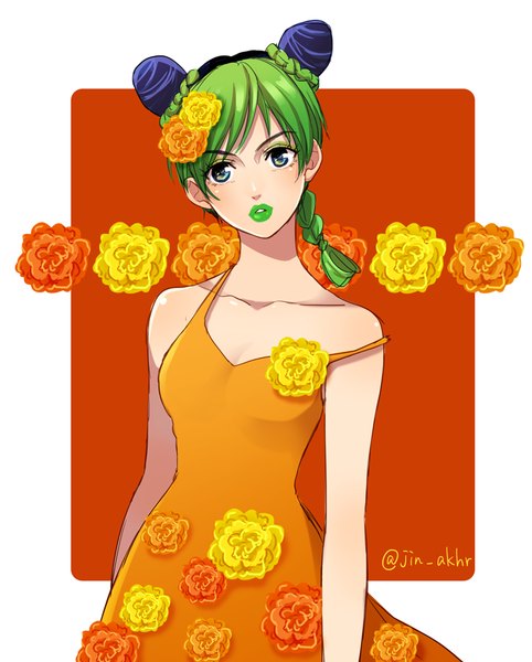 Anime picture 680x846 with jojo no kimyou na bouken kujo jolyne holiday-jin single tall image looking at viewer blush short hair blue eyes black hair bare shoulders signed multicolored hair hair flower green hair two-tone hair lipstick eyeshadow girl dress