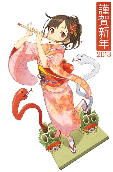 Anime picture 1282x1938 with original onigiri jou single tall image looking at viewer blush short hair black hair brown eyes traditional clothes japanese clothes girl hair ornament kimono obi musical instrument snake flute