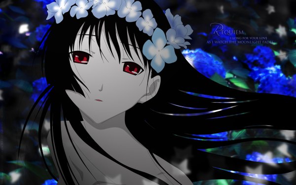 Anime picture 2560x1600 with sankarea studio deen sanka rea single long hair looking at viewer highres black hair red eyes wide image girl flower (flowers) wreath