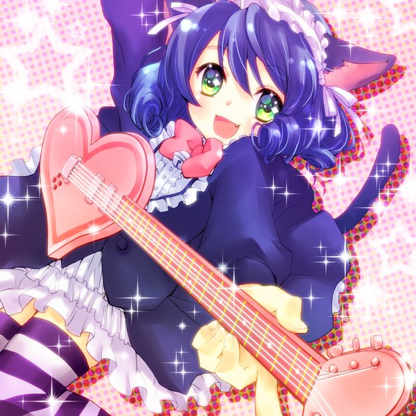 Anime picture 950x950 with show by rock!! studio bones cyan (show by rock!!) strawberry heart okmt single looking at viewer blush fringe short hair open mouth hair between eyes holding green eyes animal ears blue hair bent knee (knees) tail long sleeves :d