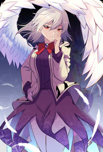 Anime picture 1000x1475 with touhou kishin sagume e.o. single tall image looking at viewer fringe short hair hair between eyes red eyes silver hair hand on hip hand on face single wing girl dress wings bowtie feather (feathers) purple dress