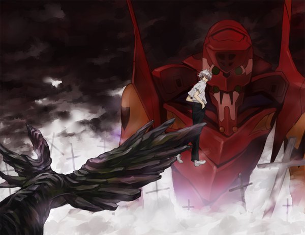 Anime picture 1500x1154 with neon genesis evangelion gainax nagisa kaworu eva 02 mochikko (cocoa0101) single looking at viewer fringe short hair hair between eyes red eyes sky cloud (clouds) full body head tilt looking back grey hair smoke hands in pockets midair