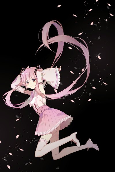 Anime picture 1400x2100 with vocaloid hatsune miku sakura miku sulfur (1453rk) single tall image twintails pink hair full body very long hair pleated skirt pink eyes black background arms behind head girl thighhighs skirt detached sleeves petals white thighhighs