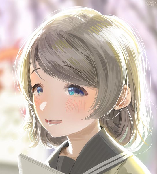 Anime picture 1000x1102 with love live! sunshine!! sunrise (studio) love live! watanabe you gumimecv single tall image looking at viewer blush fringe short hair open mouth blue eyes smile signed upper body :d grey hair blurry dated