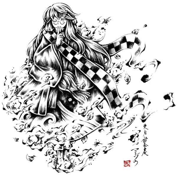 Anime picture 1200x1192 with touhou futatsuiwa mamizou futatsuiwa mamizou (human) link163353 single long hair looking at viewer white background traditional clothes japanese clothes one eye closed wide sleeves finger to mouth monochrome smoke checkered traditional media checkered scarf girl glasses