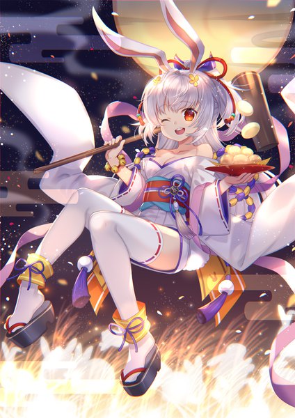 Anime picture 1500x2122 with original capura lin single long hair tall image looking at viewer fringe open mouth red eyes bare shoulders animal ears cleavage full body bent knee (knees) white hair ponytail tail traditional clothes japanese clothes animal tail