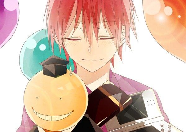 Аниме картинка 1400x1000 с убийство в классной комнате akabane karma koro-sensei selloum один (одна) румянец чёлка простой фон улыбка белый фон красные волосы закрытые глаза мужчина рубашка