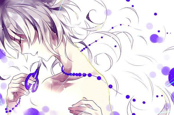 Anime picture 1024x680 with tayuya1130 single short hair bare shoulders eyes closed profile grey hair boy necklace beads scissors