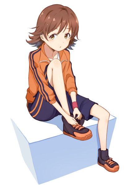 Anime picture 667x947 with idolmaster idolmaster cinderella girls honda mio purea single tall image blush short hair simple background brown hair white background sitting yellow eyes looking away from above girl uniform gym uniform wristlet cube