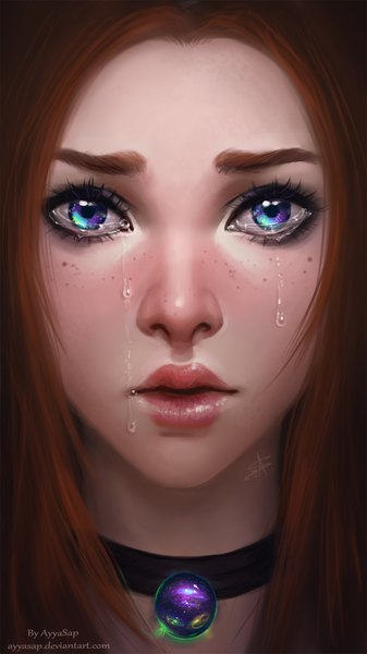 Anime picture 1152x2048 with original ayyasap single long hair tall image looking at viewer brown hair realistic face crying multicolored eyes freckles girl choker teardrop