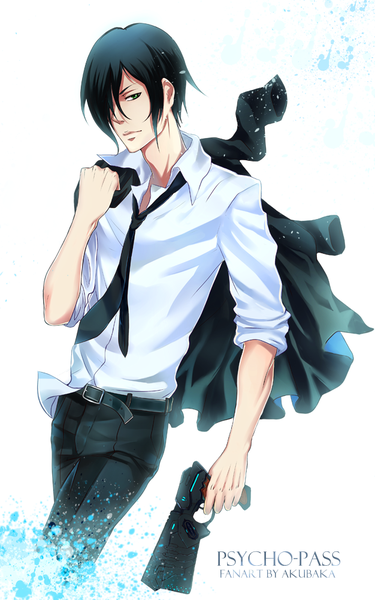 Anime picture 626x1000 with psycho-pass production i.g nobuchika ginoza akubaka single tall image fringe short hair black hair simple background white background green eyes looking away hair over one eye copyright name boy weapon necktie gun pistol