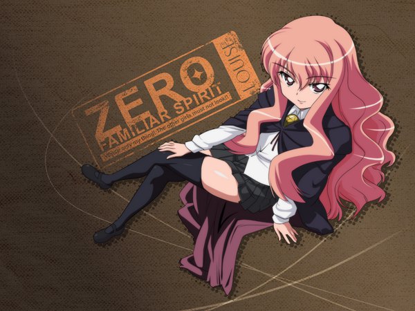 Anime picture 1600x1200 with zero no tsukaima j.c. staff louise francoise le blanc de la valliere fujii masahiro single long hair looking at viewer fringe hair between eyes brown eyes pink hair full body from above wallpaper crossed legs hand on knee brown background girl thighhighs black thighhighs