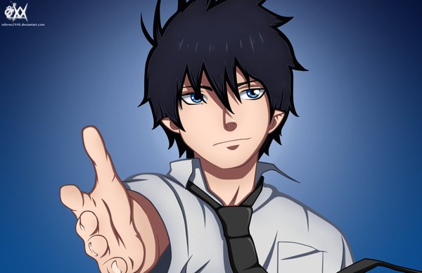 Anime picture 2000x1295 with ao no exorcist a-1 pictures okumura rin inferno2446 single highres short hair blue eyes black hair smile coloring portrait blue background boy shirt necktie