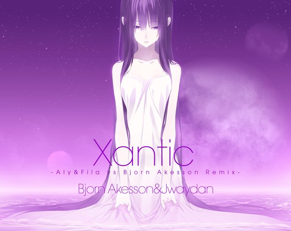 Anime picture 2000x1590 with senmu single long hair highres open mouth purple eyes bare shoulders sky purple hair inscription looking down smoke expressionless purple background girl dress water white dress star (stars) sundress