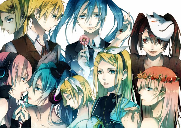 Anime picture 1180x835 with vocaloid magnet (vocaloid) just be friends (vocaloid) meltdown (vocaloid) saihate (vocaloid) musunde hiraite rasetsu to mukuro (vocaloid) evillious nendaiki aku no musume (vocaloid) aku no meshitsukai (vocaloid) hatsune miku megurine luka kagamine rin kagamine len tsukioka tsukiho short hair blue eyes blonde hair twintails group alternate hairstyle