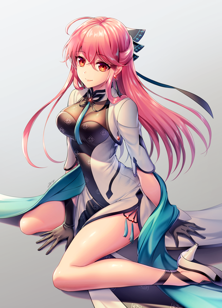 Anime picture 908x1260 with original milcho single long hair tall image looking at viewer fringe breasts light erotic simple background hair between eyes red eyes sitting signed payot pink hair ahoge traditional clothes grey background high heels