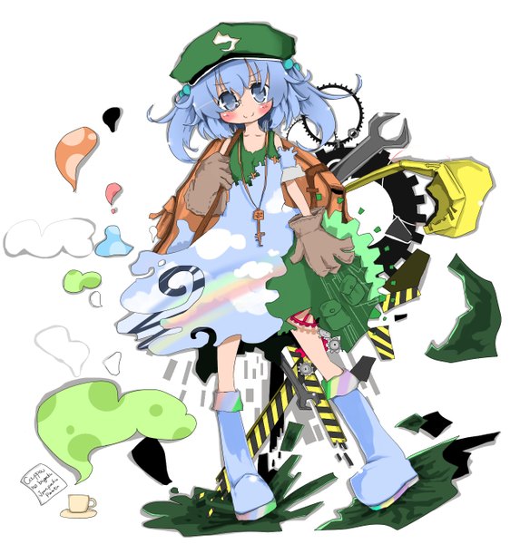 Anime picture 1303x1364 with touhou kawashiro nitori shibainu kisetsu single tall image blush fringe short hair simple background smile standing white background blue hair cloud (clouds) full body two side up alternate costume text bad anatomy double exposure