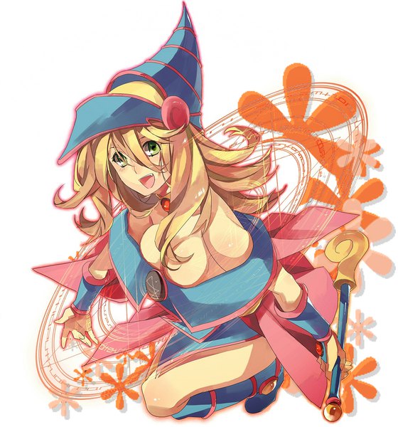 Anime picture 1050x1124 with yu-gi-oh! yu-gi-oh! duel monsters dark magician girl kamaya single long hair tall image looking at viewer fringe breasts open mouth light erotic blonde hair hair between eyes white background green eyes cleavage from above magic girl