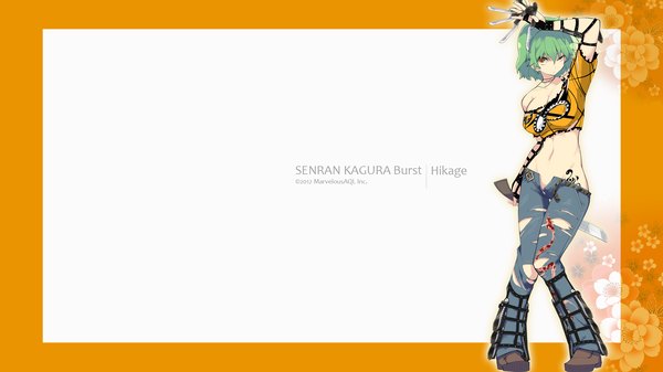 Anime picture 1920x1080 with senran kagura hikage (senran kagura) yaegashi nan single highres short hair wide image yellow eyes one eye closed green hair wink midriff torn clothes girl navel knife jeans torn jeans