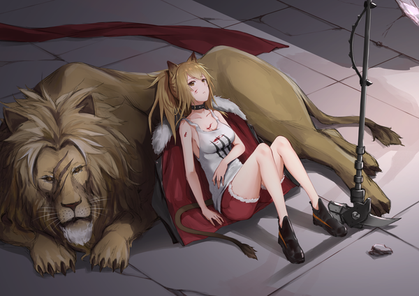 Anime picture 2315x1637 with arknights siege (arknights) jilu single long hair blush highres brown hair brown eyes animal ears payot full body bent knee (knees) ponytail tail animal tail from above shadow fur trim looking up