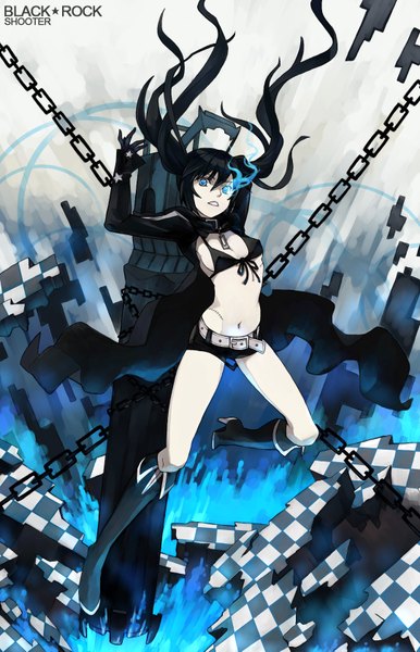 Anime picture 1082x1681 with black rock shooter black rock shooter (character) penguin caee single long hair tall image blue eyes black hair twintails glowing scar glowing eye (eyes) checkered floor destruction girl weapon shorts chain cloak bikini top