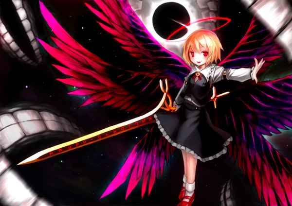 Anime picture 1500x1060 with touhou rumia spark621 single looking at viewer blush short hair open mouth blonde hair smile red eyes outstretched arm multicolored darkness girl skirt ribbon (ribbons) weapon sword wings