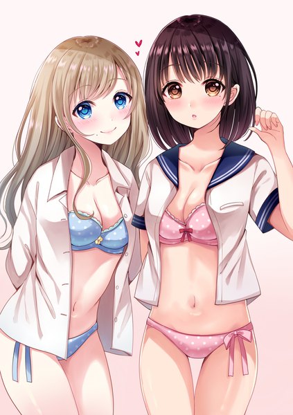 Anime picture 824x1170 with original sakura hiyori long hair tall image looking at viewer blush fringe short hair breasts open mouth blue eyes light erotic blonde hair brown hair standing multiple girls brown eyes cleavage open clothes mole