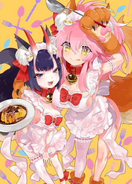Anime picture 2595x3617 with fate (series) fate/grand order tamamo (fate) (all) shuten douji (fate) tamamo cat (fate) aano (10bit) long hair tall image looking at viewer blush fringe highres short hair breasts open mouth light erotic hair between eyes large breasts purple eyes multiple girls