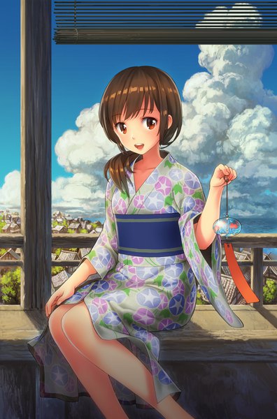Anime picture 776x1176 with original poripori single long hair tall image looking at viewer blush fringe open mouth smile brown hair sitting holding brown eyes sky cloud (clouds) outdoors long sleeves traditional clothes :d