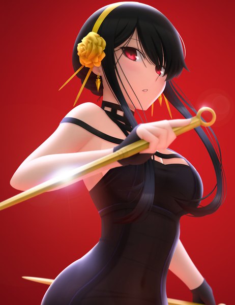 Anime-Bild 1000x1300 mit spy x family yor briar siraha single long hair tall image looking at viewer fringe black hair simple background red eyes upper body covered navel red background girl weapon earrings headband