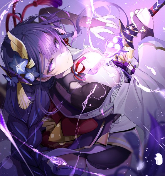 Anime picture 1170x1248 with genshin impact raiden shogun giba (out-low) single long hair tall image looking at viewer fringe breasts light erotic large breasts purple eyes cleavage purple hair braid (braids) nail polish traditional clothes japanese clothes fingernails from above