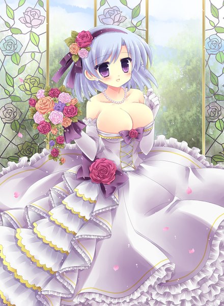Anime picture 1250x1704 with tantei opera milky holmes henriette mystere kouta. single tall image blush short hair breasts open mouth light erotic purple eyes bare shoulders blue hair hair flower girl dress gloves hair ornament flower (flowers) elbow gloves