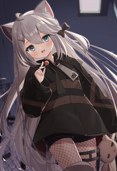 Anime picture 854x1253 with original goma (u p) single tall image looking at viewer blush fringe open mouth blue eyes hair between eyes standing holding animal ears silver hair ahoge outdoors tail long sleeves very long hair head tilt