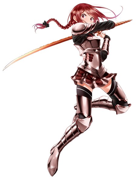 Anime picture 1507x2000 with original keidai single long hair tall image looking at viewer simple background red eyes white background red hair braid (braids) girl bow weapon hair bow sword armor spaulder (spaulders)