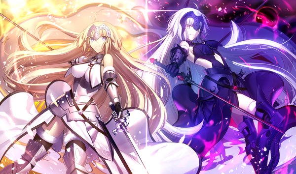 Anime picture 1700x1003 with fate (series) fate/grand order fate/apocrypha jeanne d'arc (fate) (all) jeanne d'arc alter (fate) jeanne d'arc (fate) jeanne d'arc alter (avenger) (third ascension) (fate) mashima saki (mashimasa) looking at viewer fringe breasts blonde hair smile wide image standing purple eyes multiple girls yellow eyes bent knee (knees) blunt bangs