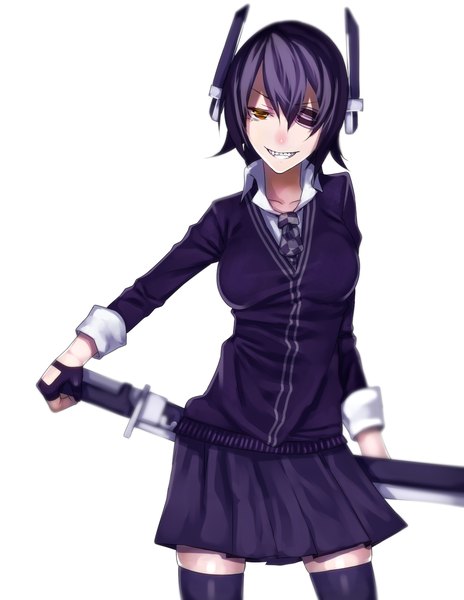 Anime picture 1200x1550 with kantai collection tenryuu light cruiser uu uu zan single tall image looking at viewer short hair black hair simple background smile white background yellow eyes girl thighhighs skirt gloves hair ornament weapon black thighhighs sword