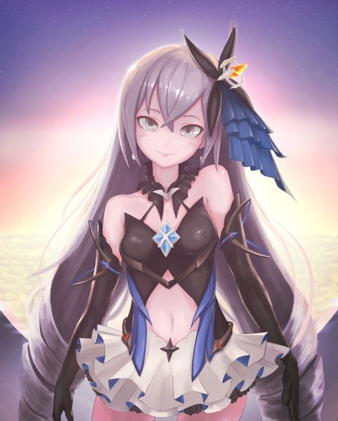 Anime picture 3508x4368 with honkai impact 3rd honkai (series) bronya zaychik bronya zaychik (herrscher of reason) bullbug single long hair tall image looking at viewer fringe highres breasts smile hair between eyes standing bare shoulders absurdres outdoors head tilt grey hair