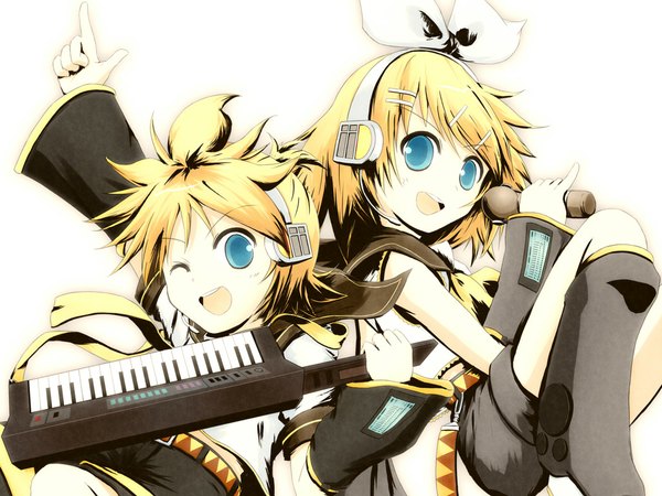 イラスト 1024x768 と ボーカロイド 鏡音リン 鏡音レン hirobakar one eye closed ウィンク back to back 女の子 楽器 keyboard (instrument) keytar