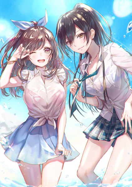 Anime picture 900x1273 with idolmaster idolmaster shiny colors shirase sakuya tsukioka kogane ao+beni long hair tall image blush fringe open mouth light erotic black hair hair between eyes brown hair standing multiple girls brown eyes yellow eyes sky cloud (clouds)