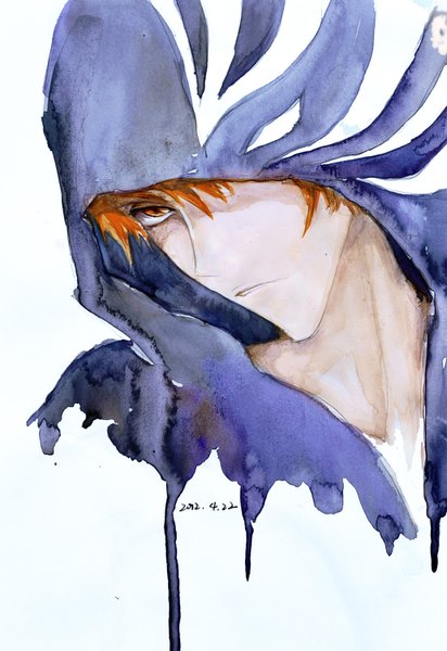 Anime picture 1032x1500 with bleach studio pierrot kurosaki ichigo pixiv id 4396501 single tall image looking at viewer fringe short hair simple background white background brown eyes orange hair boy hood