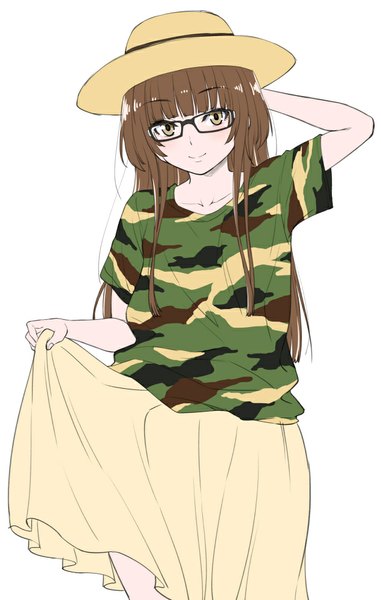 Anime picture 635x1000 with amagami kamizaki risa shouji nigou single long hair tall image looking at viewer blush fringe simple background smile brown hair white background brown eyes arm behind head casual camouflage girl skirt hat