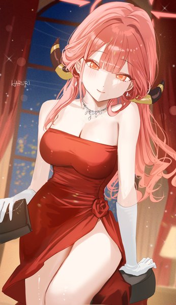Anime picture 1025x1775 with blue archive aru (blue archive) aru (dress) (blue archive) haruri single long hair tall image looking at viewer light erotic smile red eyes signed cleavage red hair indoors official alternate costume side slit bad anatomy girl dress