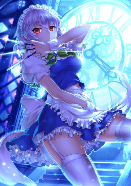 Anime picture 990x1400 with touhou izayoi sakuya suika01 single tall image short hair red eyes purple hair light girl thighhighs skirt bow weapon white thighhighs hairband skirt set clock stairs suspenders