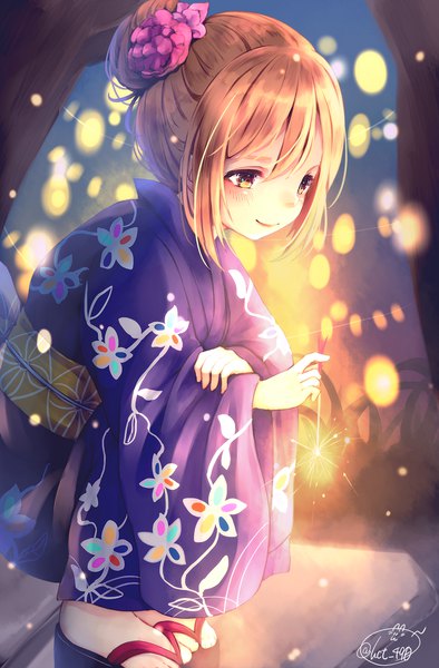 Anime picture 1314x2000 with original chita (ketchup) single tall image fringe short hair brown hair sitting signed yellow eyes payot looking away traditional clothes japanese clothes hair flower floral print squat girl flower (flowers) plant (plants)